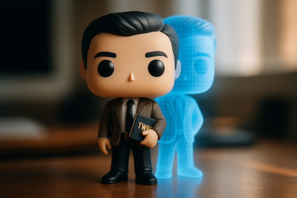 Funko Pop autor con AI Twin en oficina