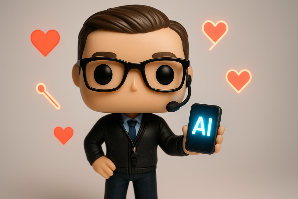 Funko Pop de coach tecnológico con asistente IA y corazones