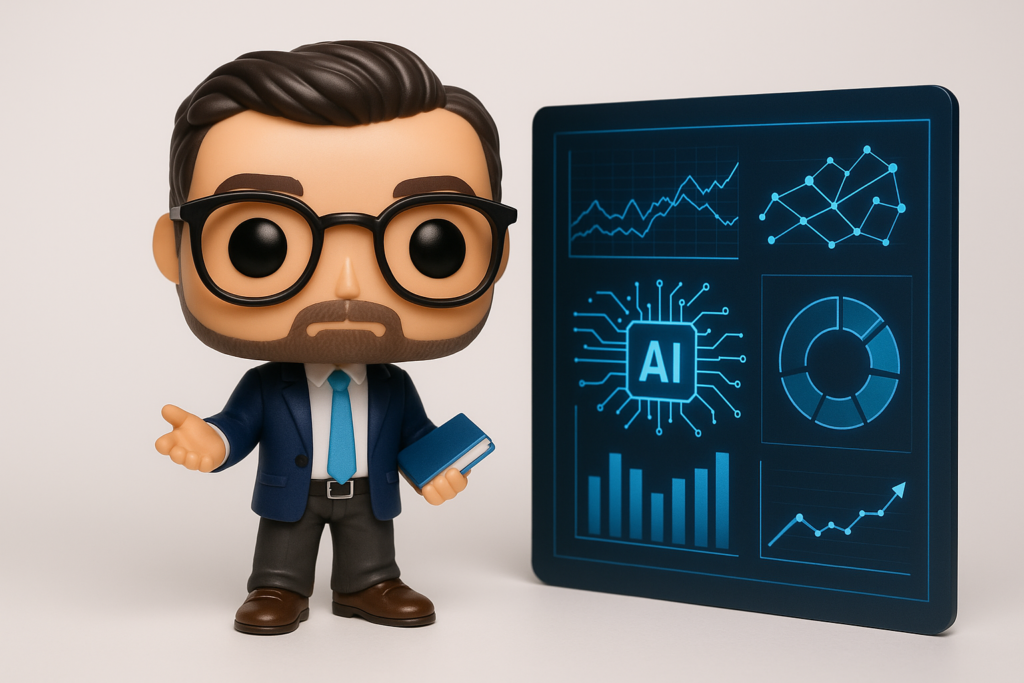 Funko Pop de coach consultor junto a panel futurista