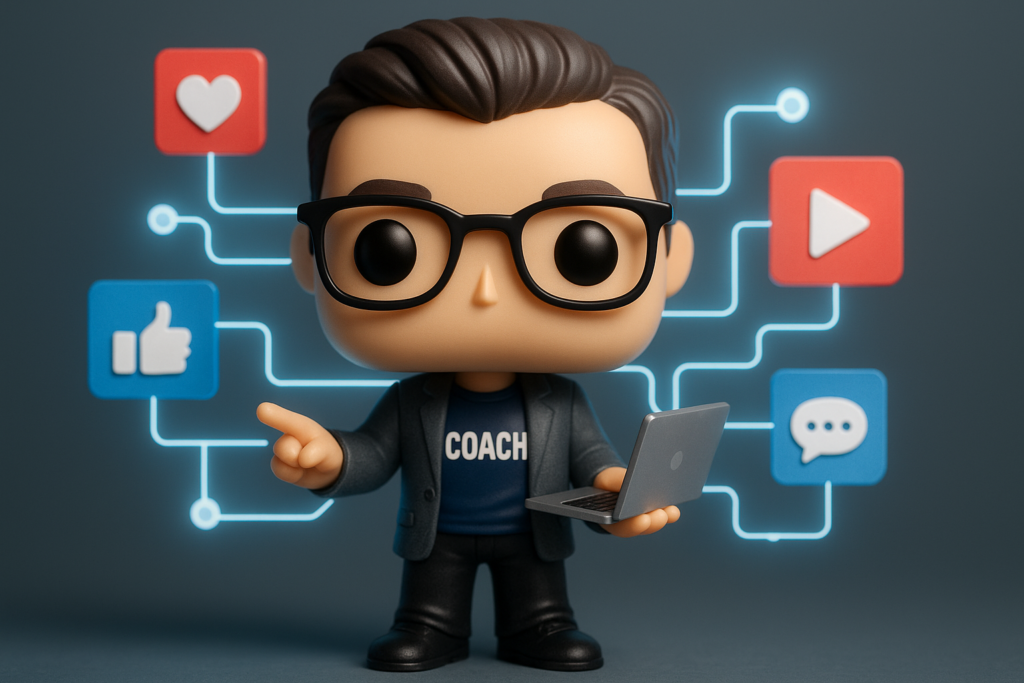Funko Pop de coach digital con iconos de redes sociales