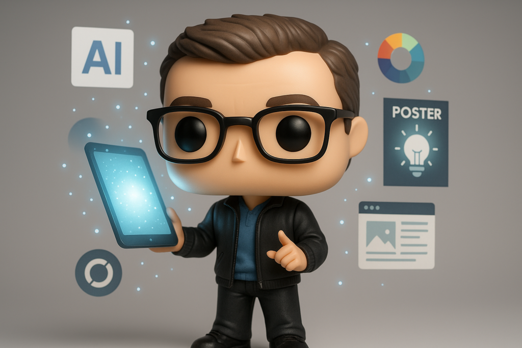 Funko Pop de coach innovador con tablet y elementos creativos