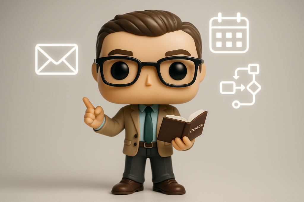 Funko Pop de coach de productividad con iconos digitales