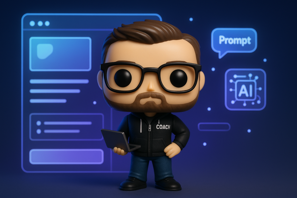 Funko Pop de coach digital frente a interfaz web animada