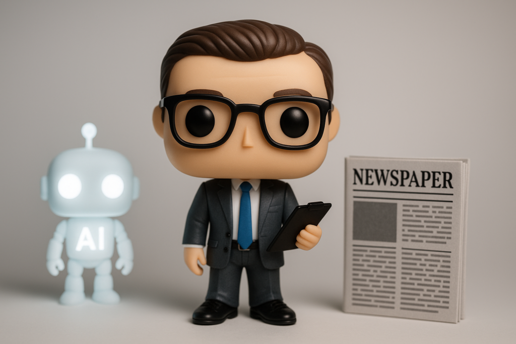 Funko Pop de coach entre robot IA y periódico