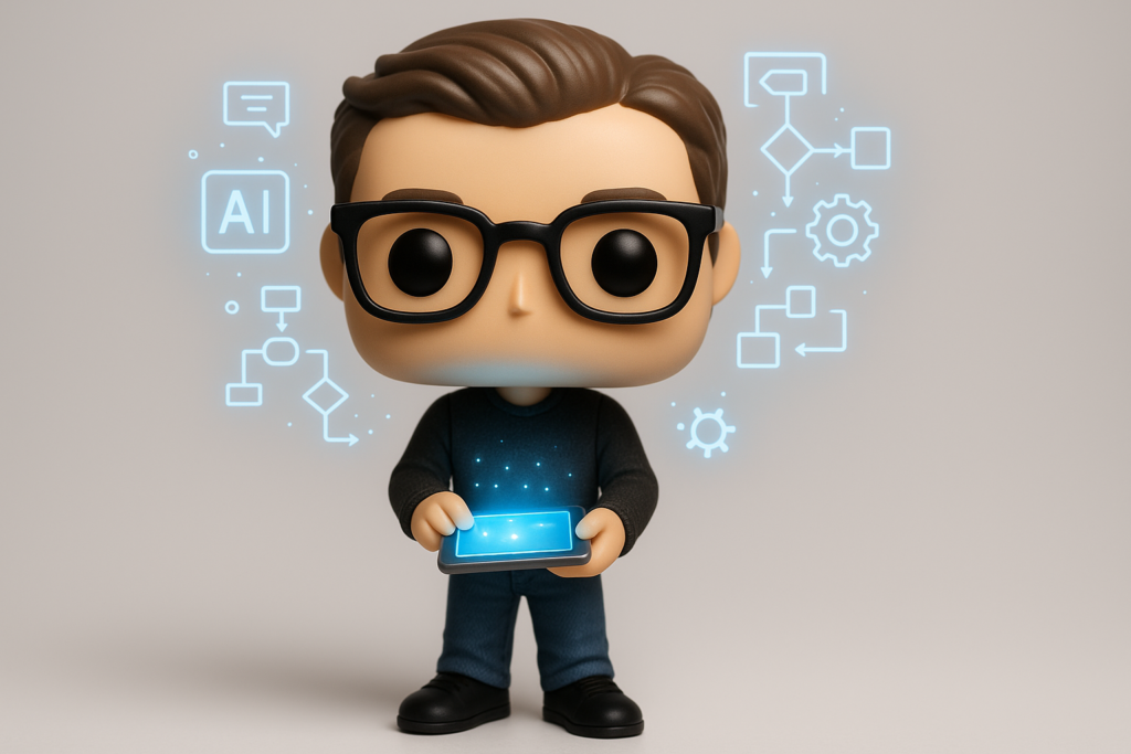 Funko Pop creador no-code con tablet y iconos IA