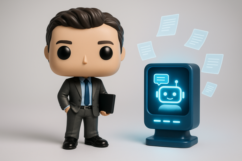 Funko Pop de consultor tech junto a terminal de chatbot