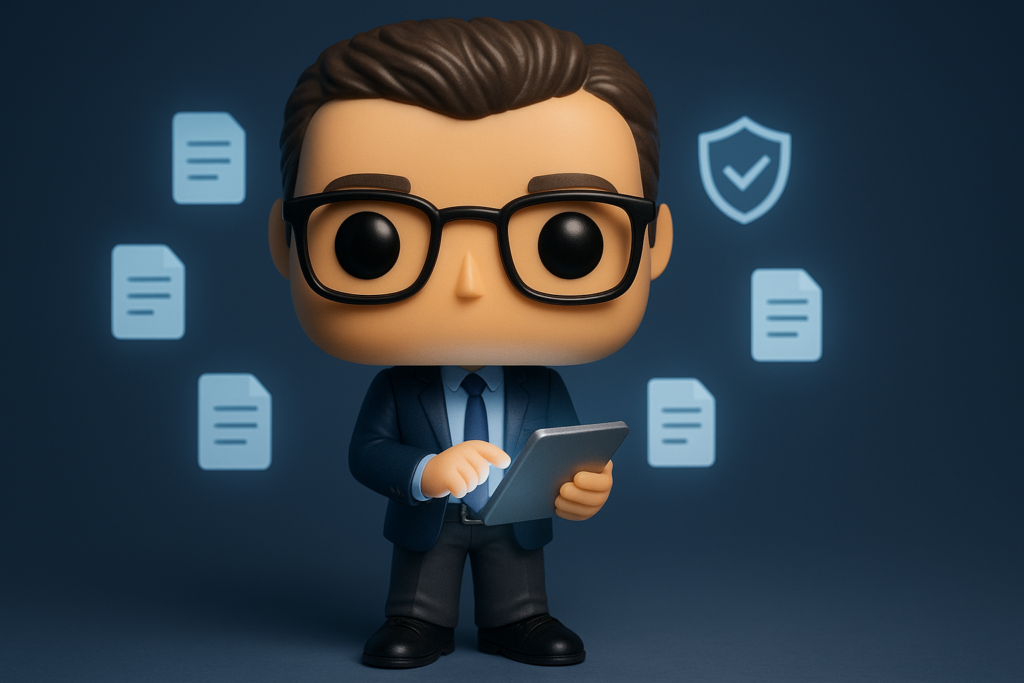 Funko Pop consultor con tablet y símbolos de privacidad