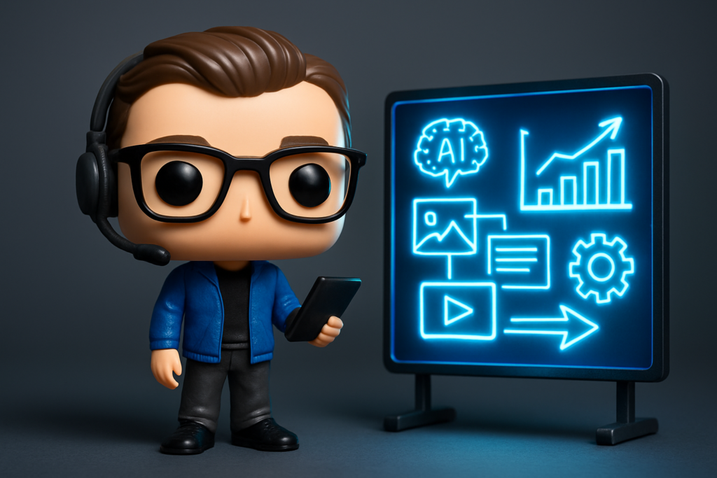 Funko Pop de coach digital junto a pantalla de IA