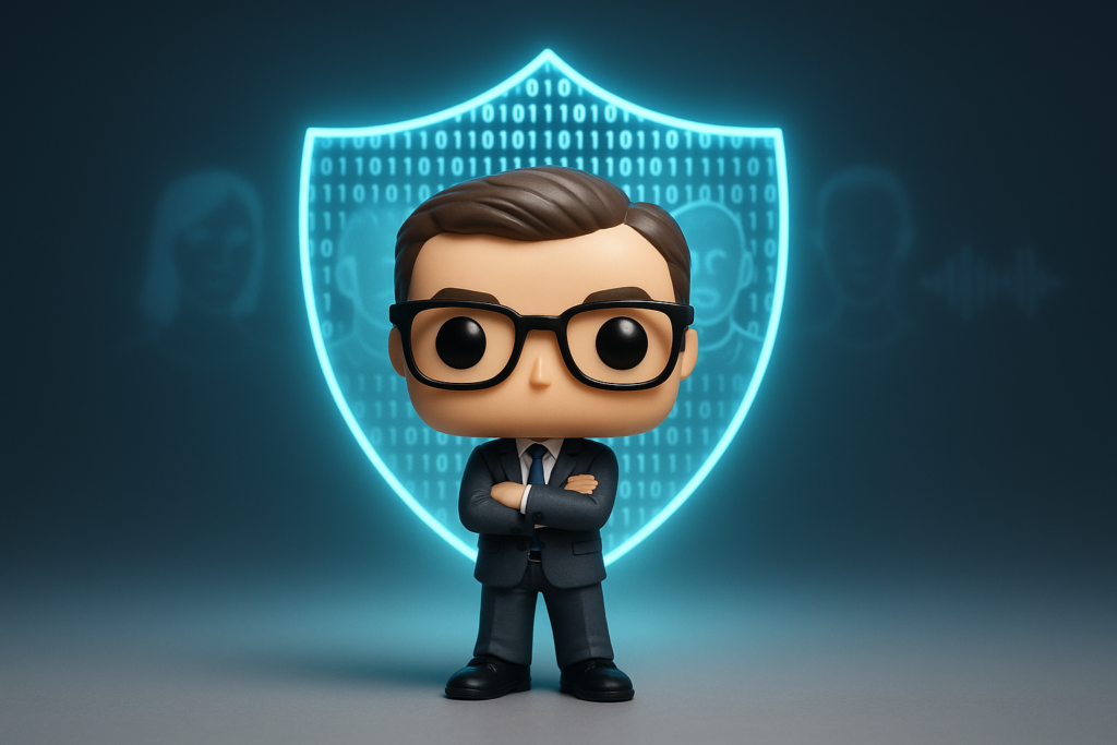 Funko Pop de consultor digital con escudo binario luminoso