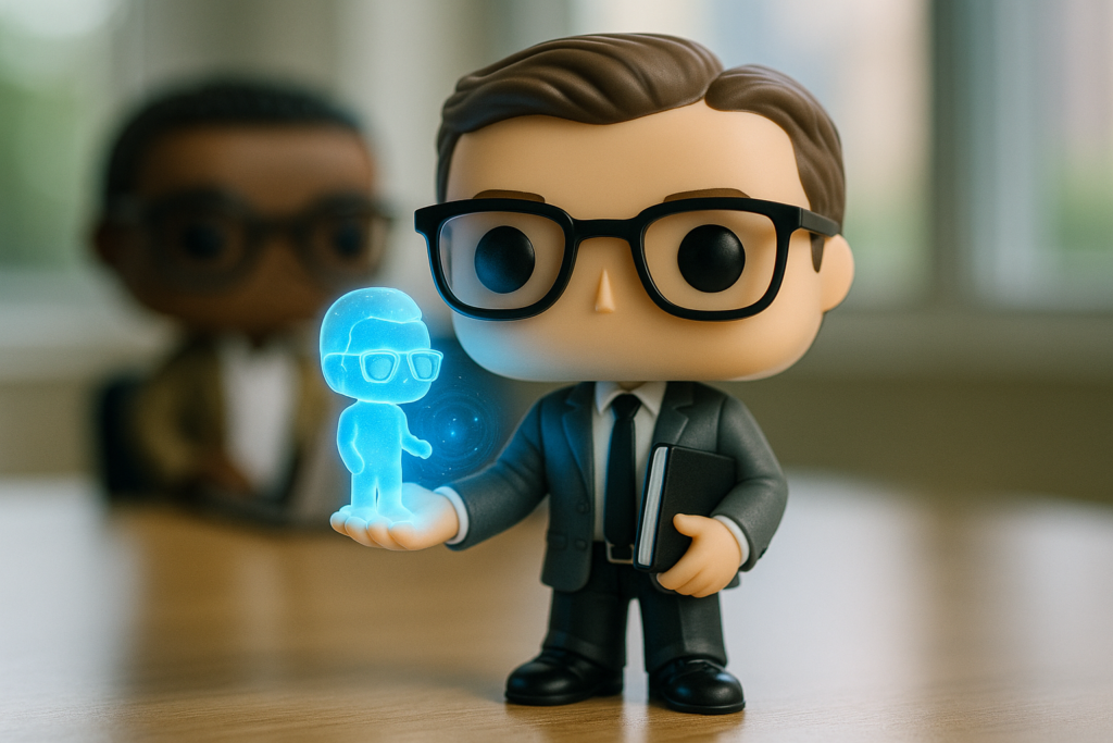 Funko Pop coach organizacional en oficina moderna