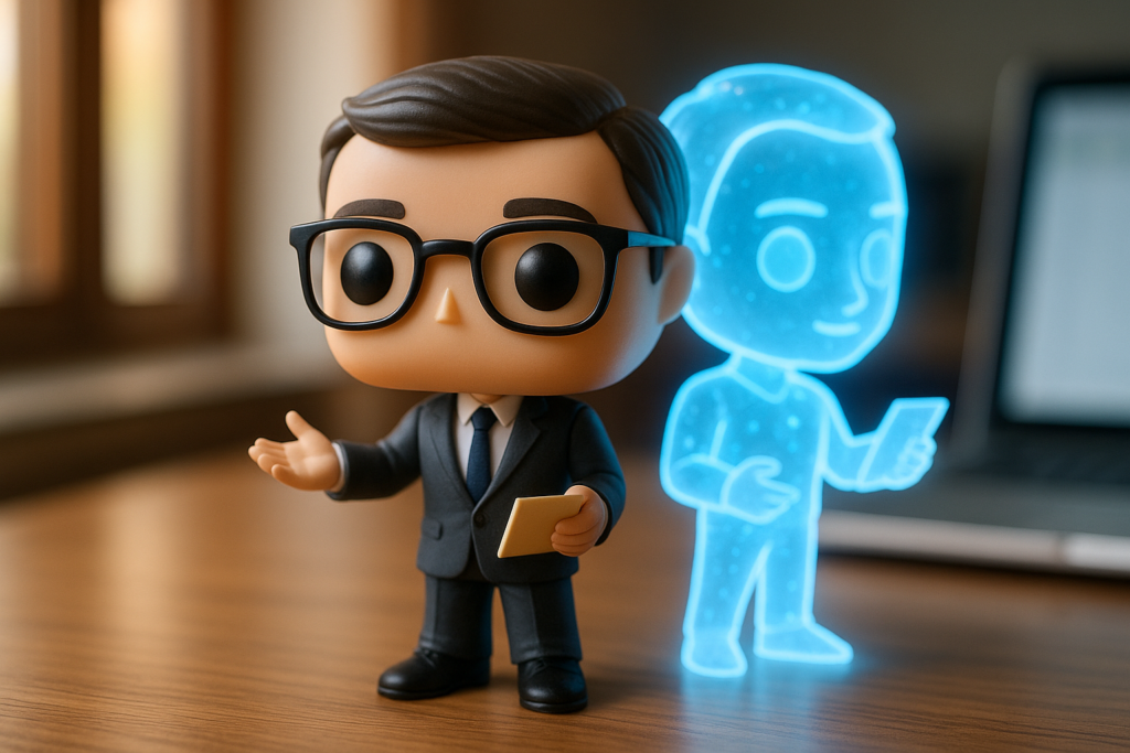 Funko Pop coach de oratoria en escritorio profesional