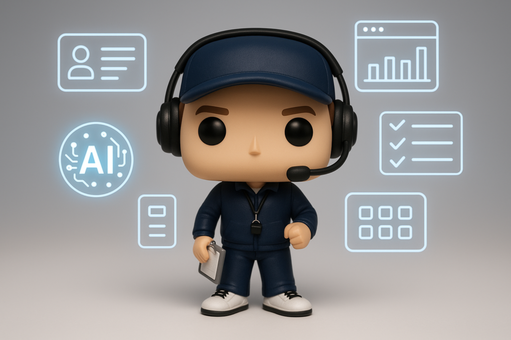 Funko Pop de coach con paneles digitales y iconos IA