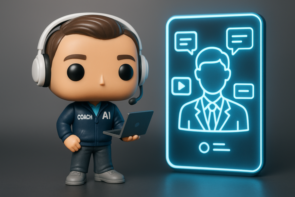 Funko Pop de coach digital junto a avatar IA y pantallas